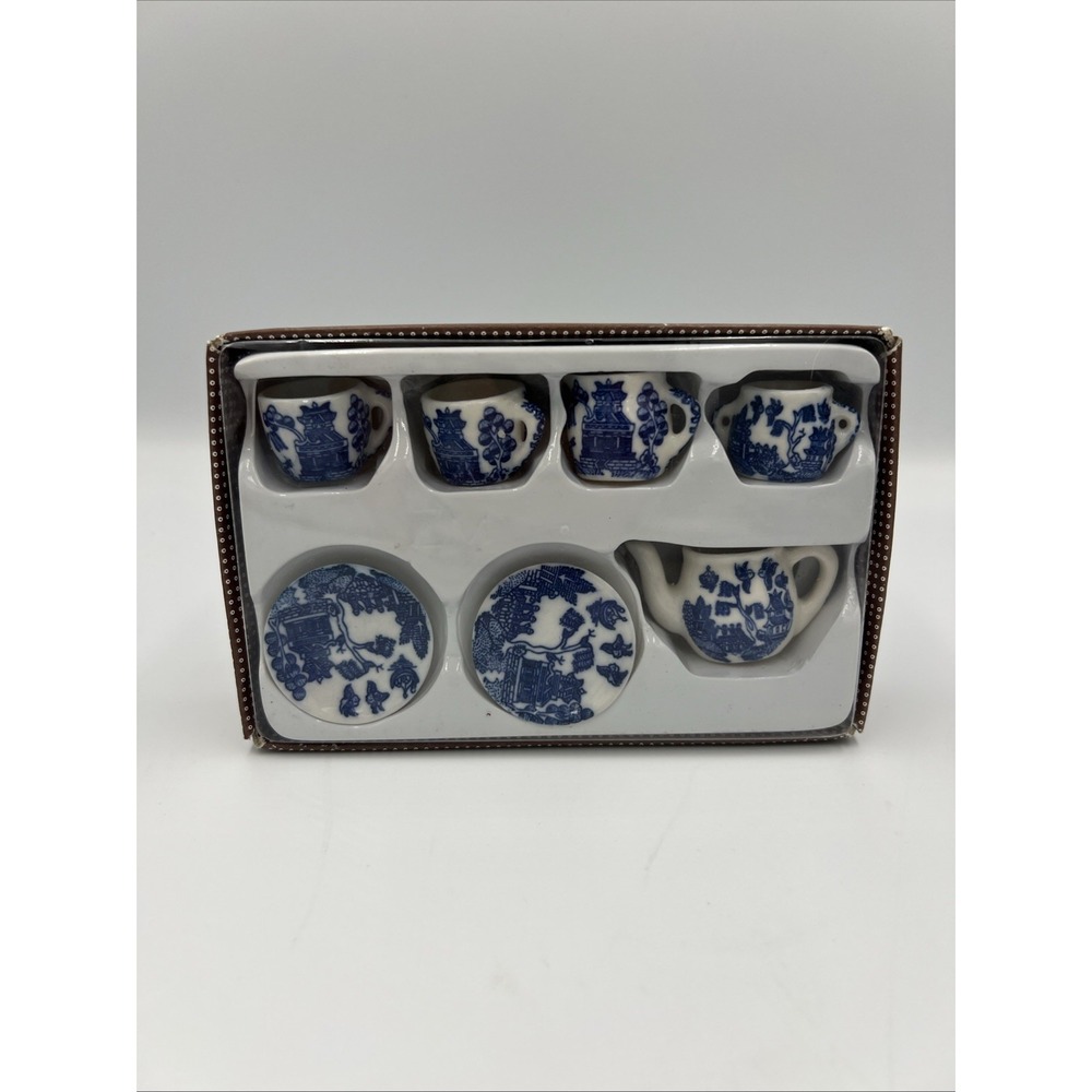 Vintage Blue White Porcelain Mini Tea Set Teapot 6 Cups Gift Box 7 piece Trinket
